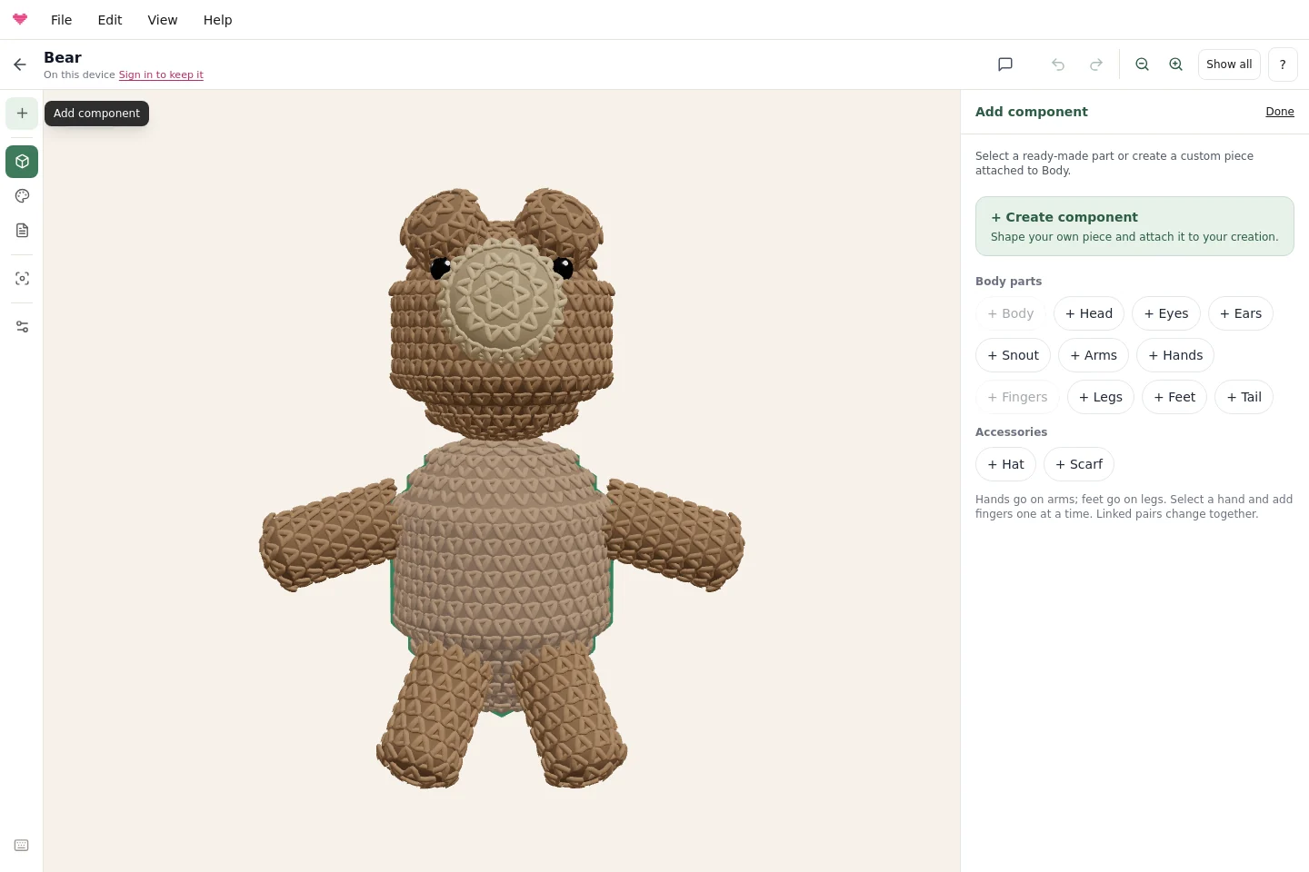 The Add component browser separates creating a component from ready-made and saved pieces