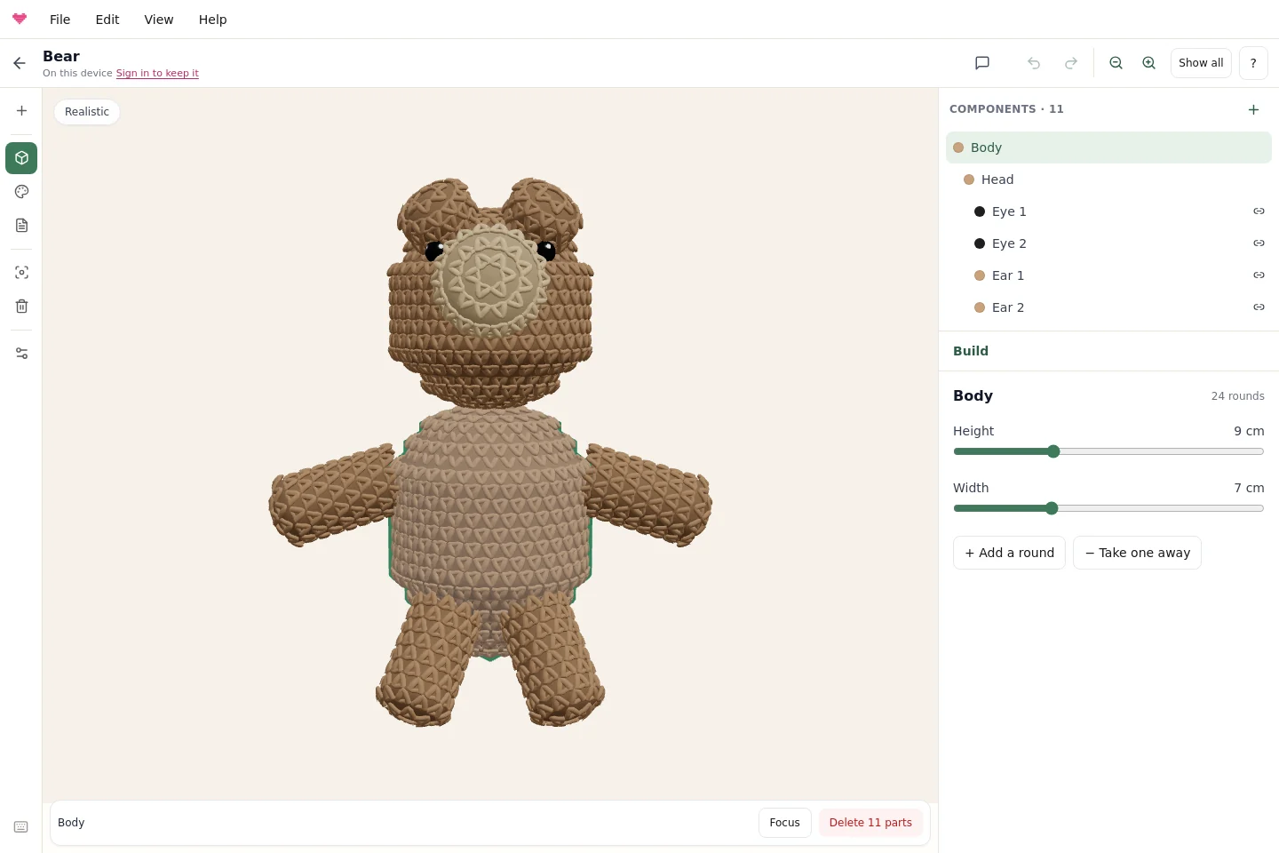 Knytstudio amigurumi editor showing a bear, its component list and editable body properties