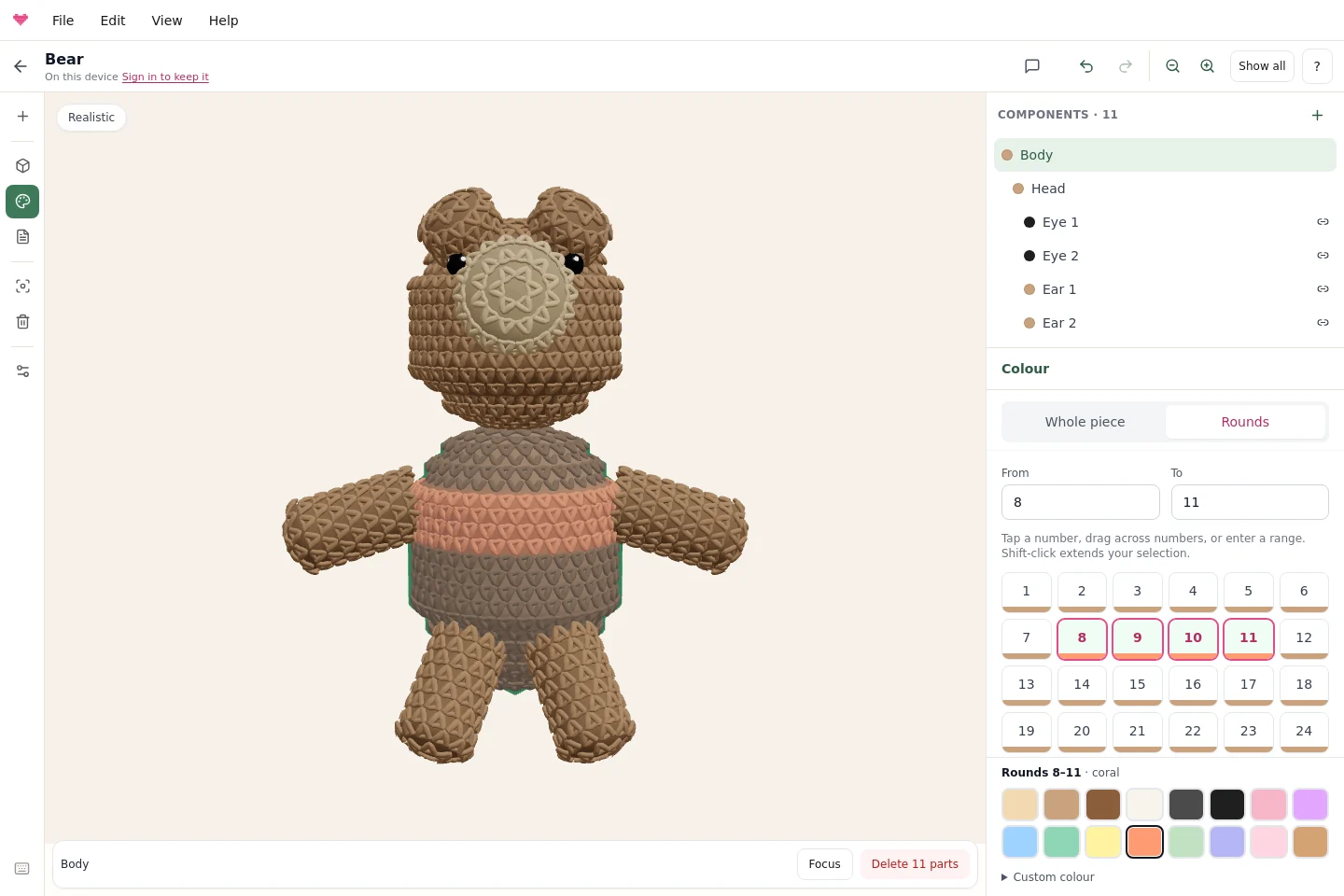 Coral rounds 8 to 11 selected on a bear body in the Colour workspace