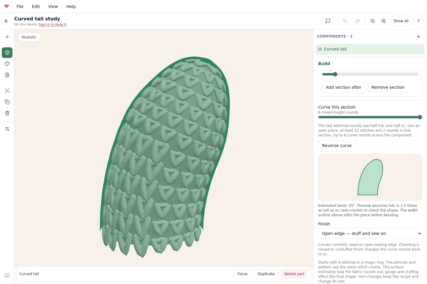 A curved tail with its shaping sections and side-view preview in Knytstudio