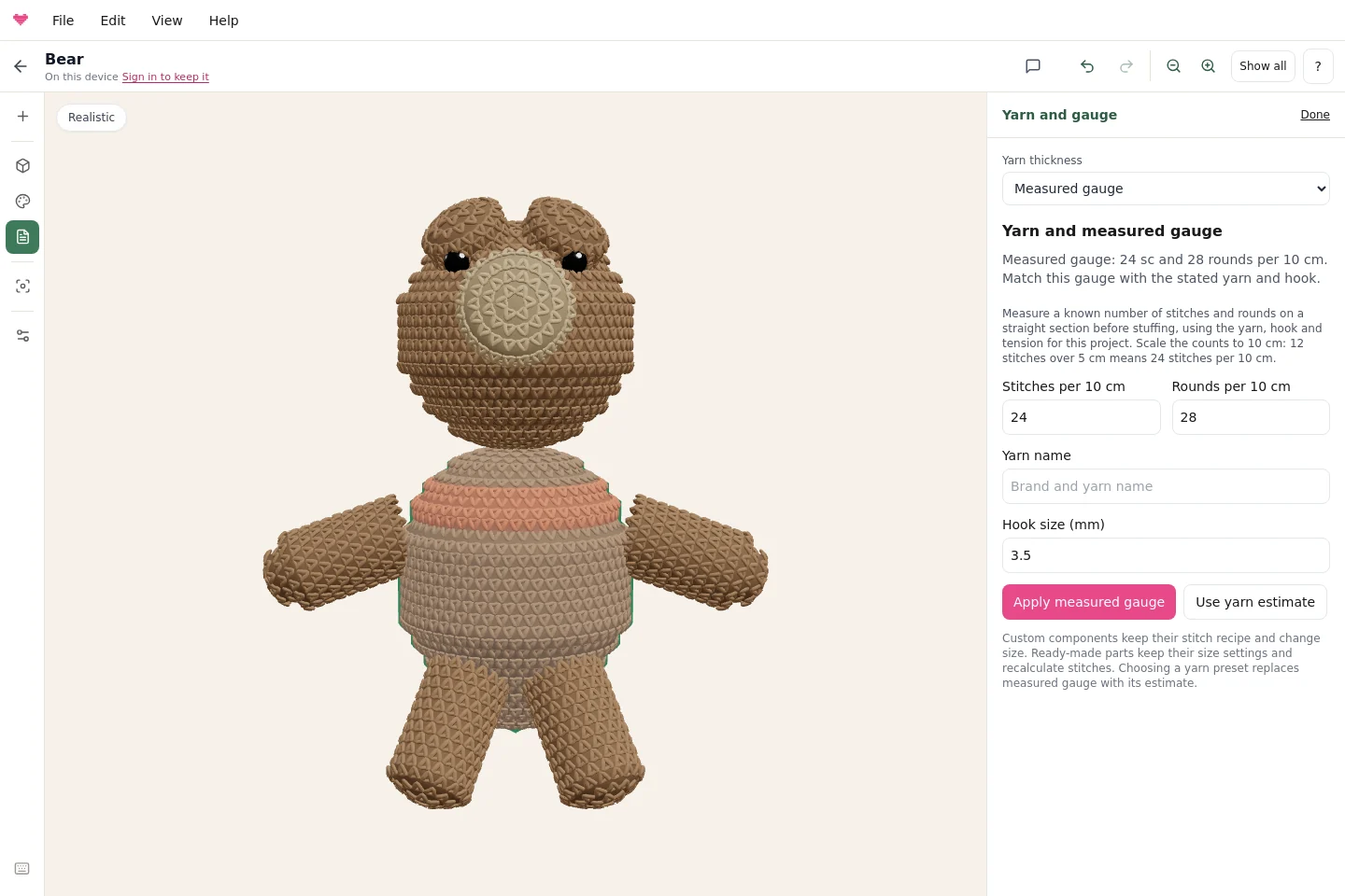 Yarn and gauge settings with measured stitch and round counts