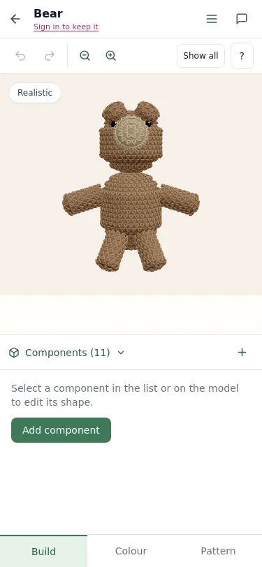 The bear in the mobile Build workspace at 375 pixels wide