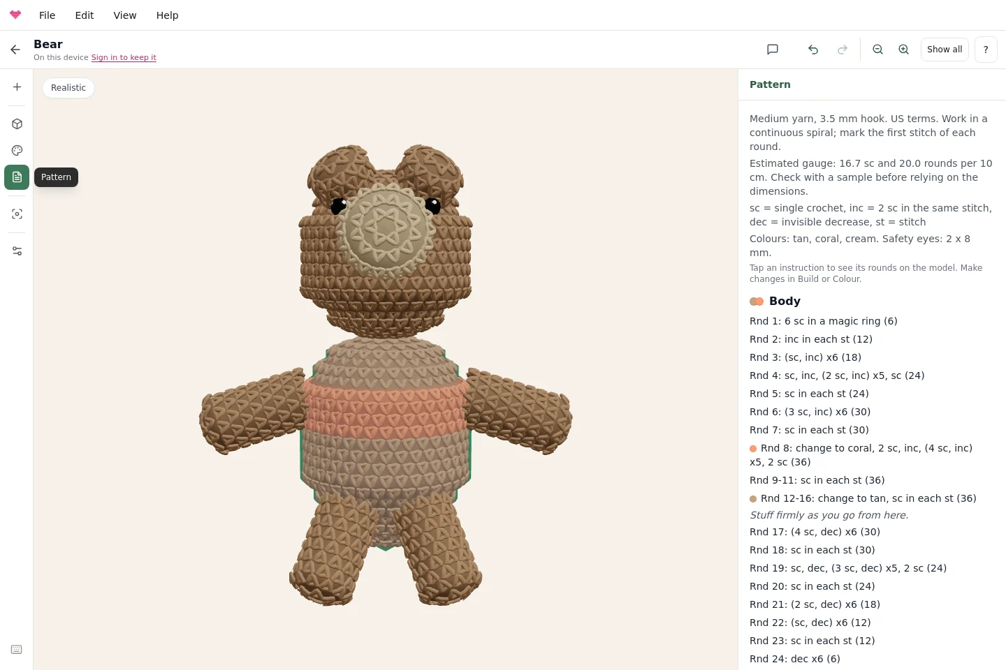 The generated pattern after applying a coral stripe to the bear body