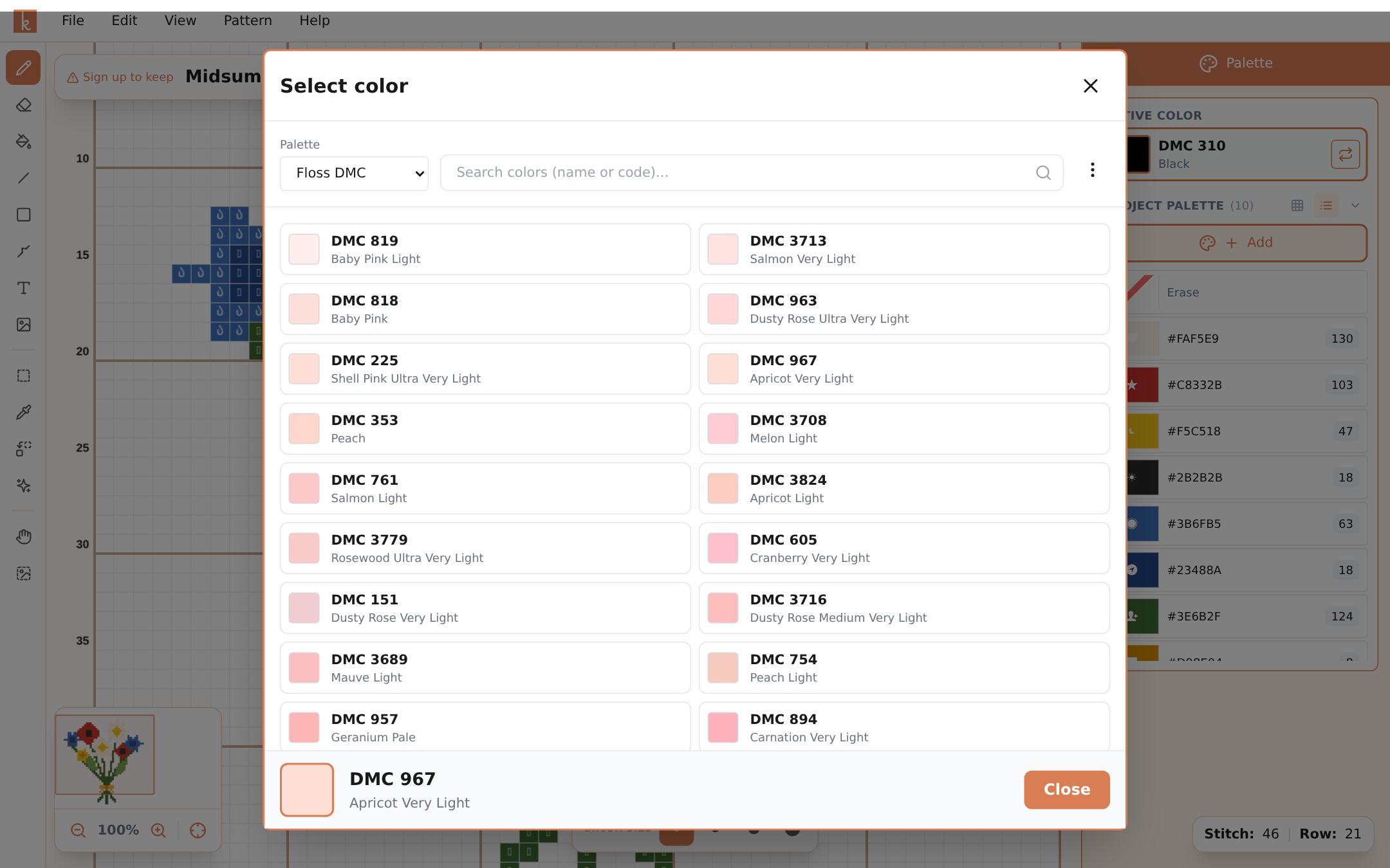 The color browser showing DMC floss colors with names and codes