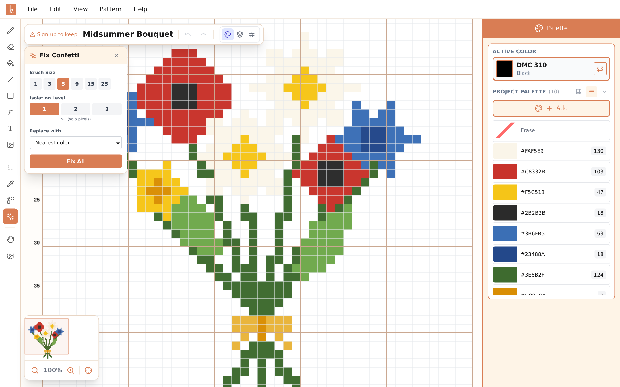 The Fix Confetti panel with brush size, isolation level, and replacement options