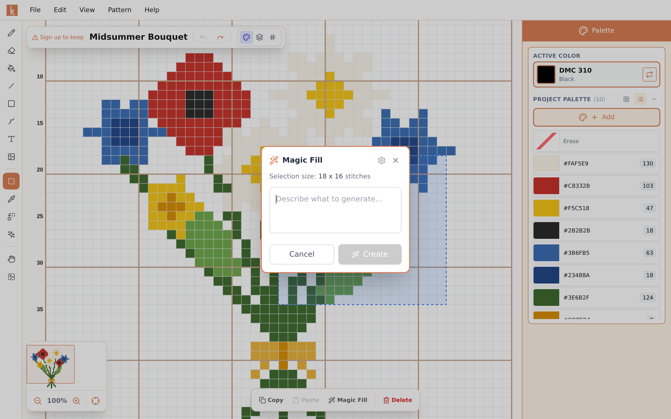 The Magic Fill dialog over a selected area of a pattern