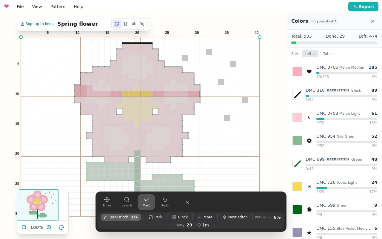 Backstitch target: outline lines marked as stitched