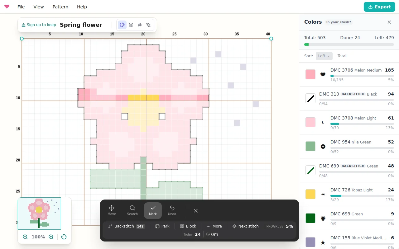 Mark mode: tapped stitches and a dragged run marked done, with the tracker toolbar below the chart
