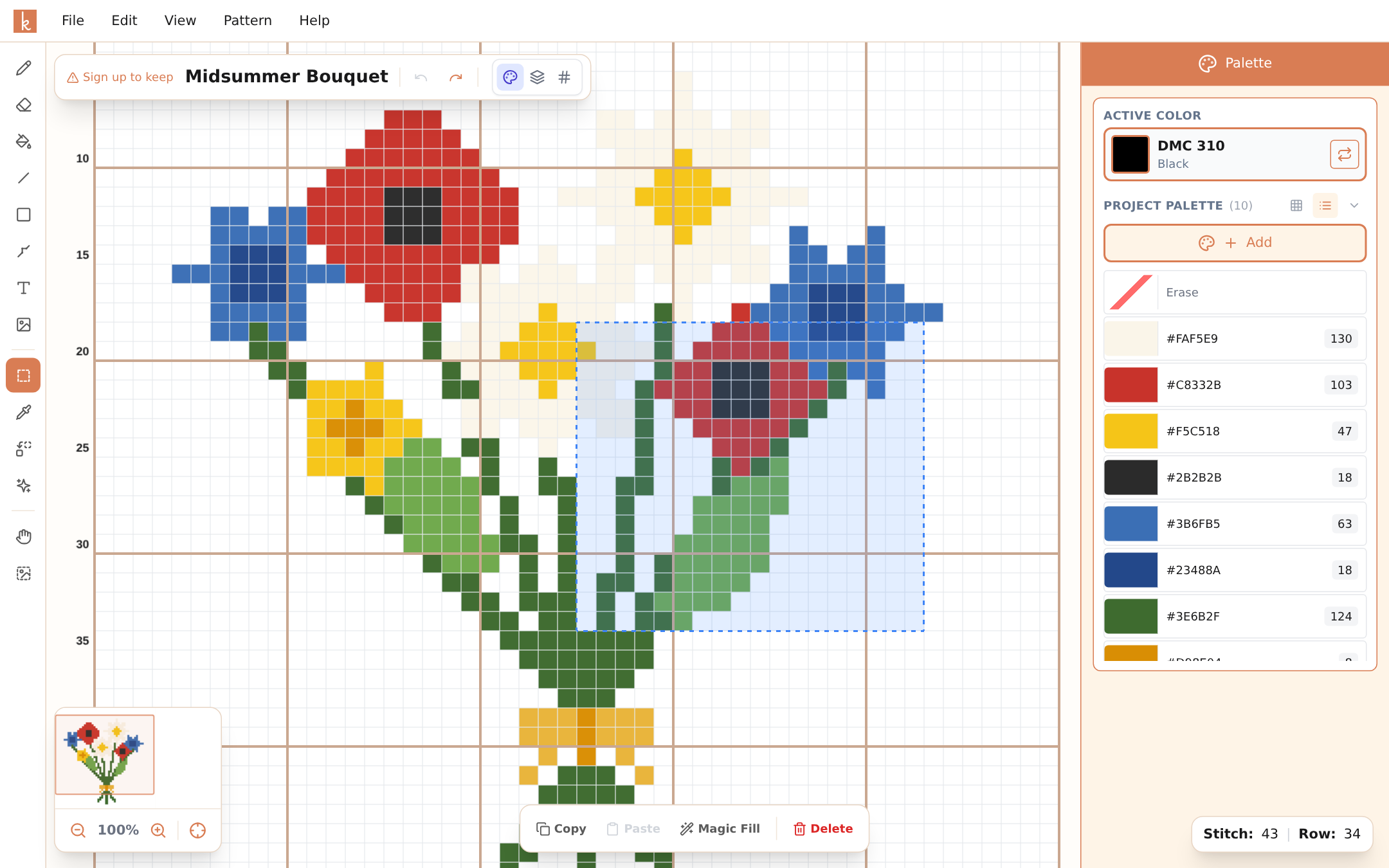 A selected area on the canvas with copy, paste, magic fill, and delete actions