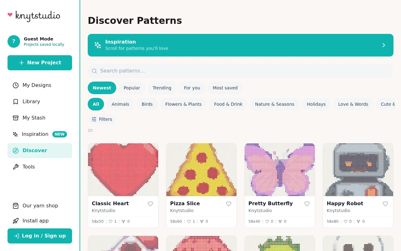 The Discover gallery showing community patterns organized by categories like Animals, Birds, and Holidays